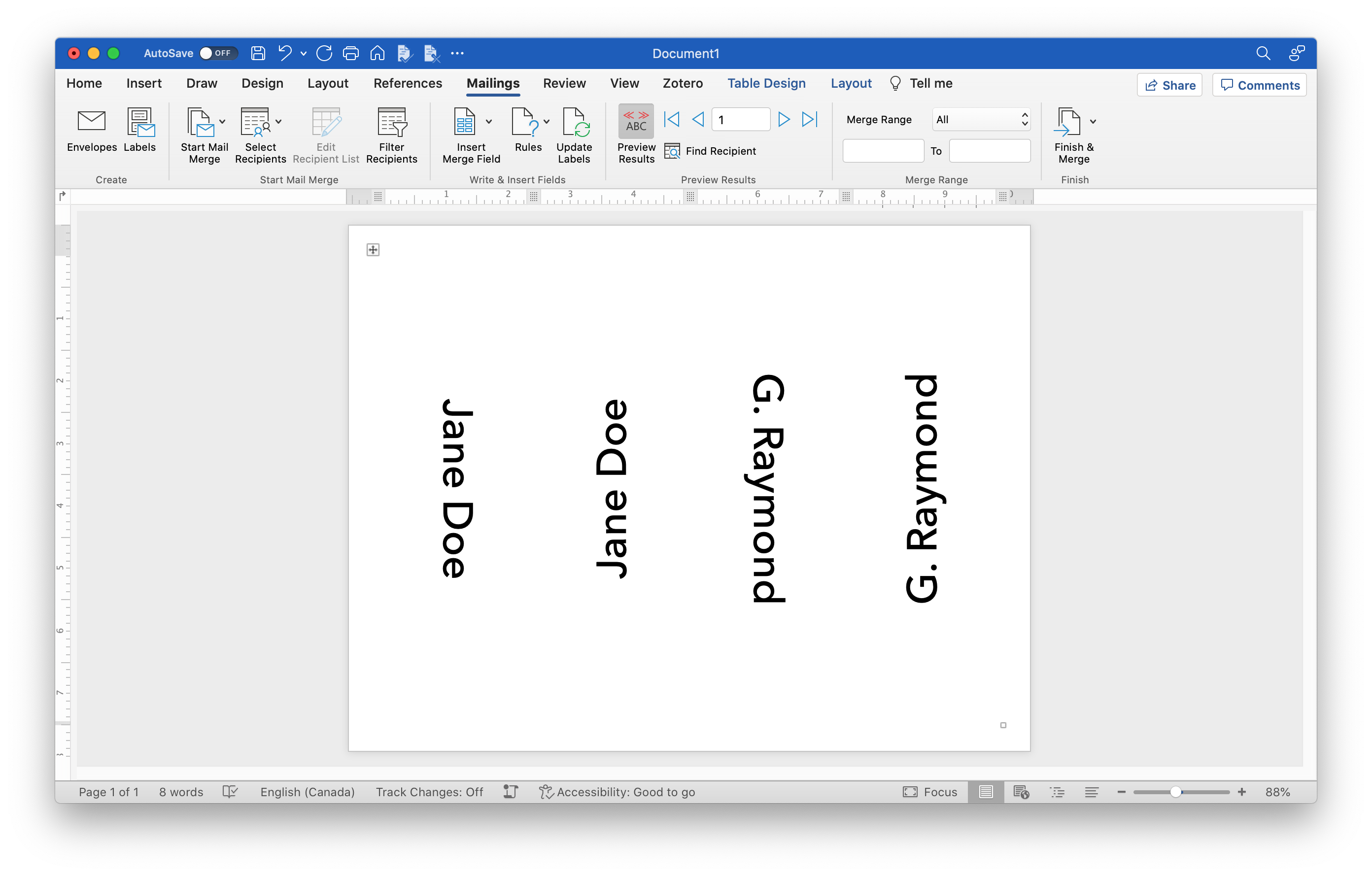 Microsoft Word application window showing off a preview of the finished set up